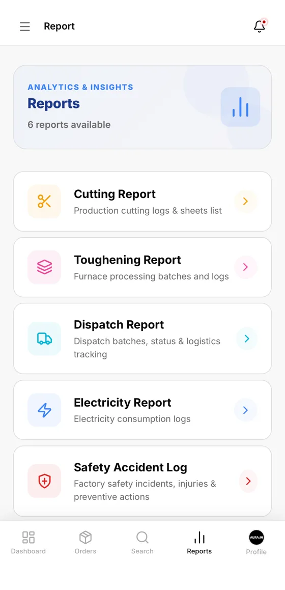 Reports screen with cutting, toughening, dispatch, electricity and safety reports