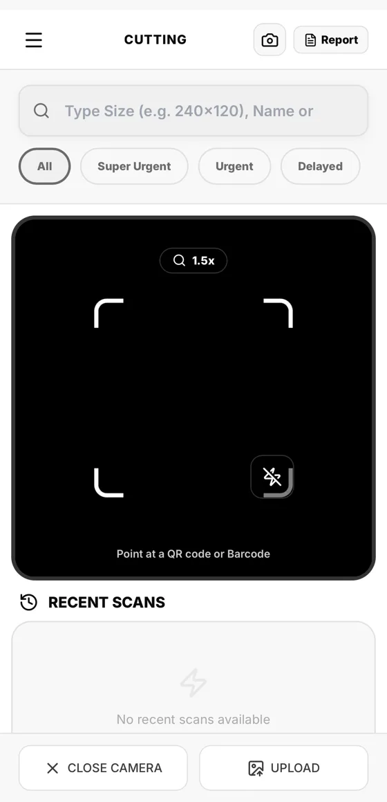 Cutting stage scanner pointing at a QR code