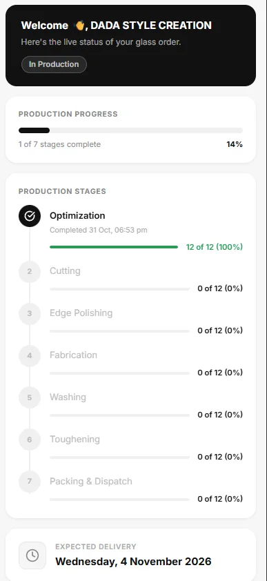 Customer tracking page showing production progress and expected delivery date
