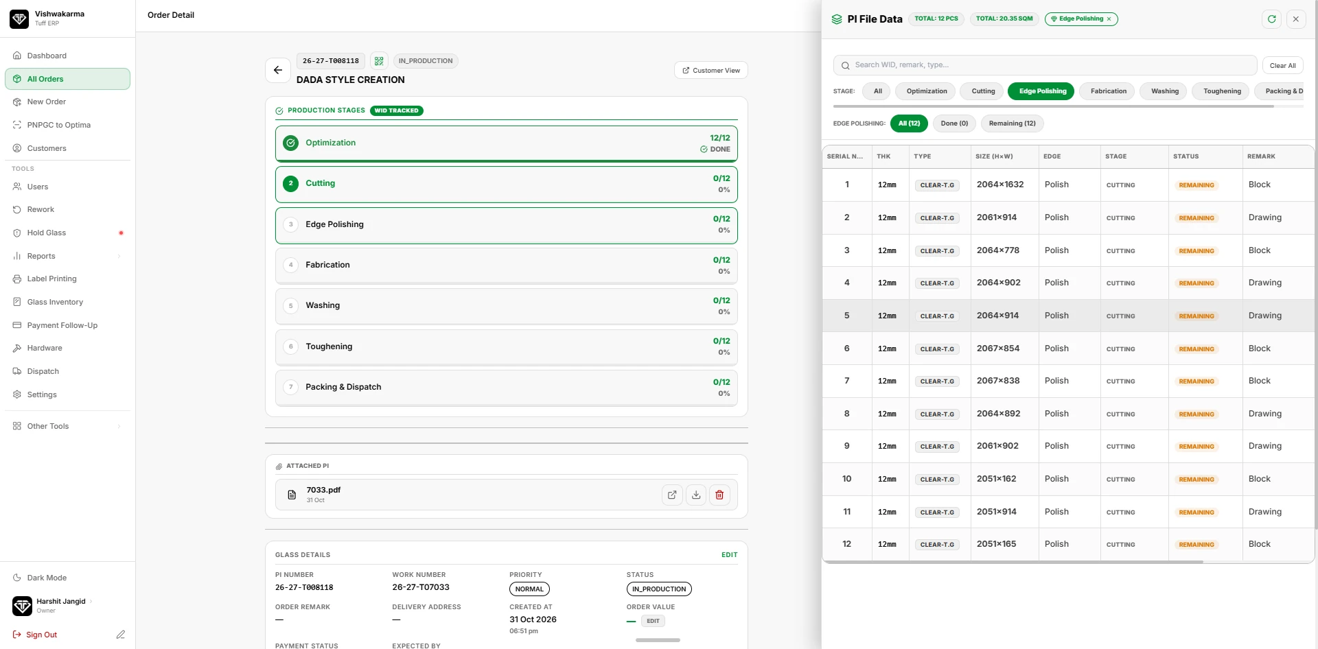Order detail with seven production stages and per-piece status