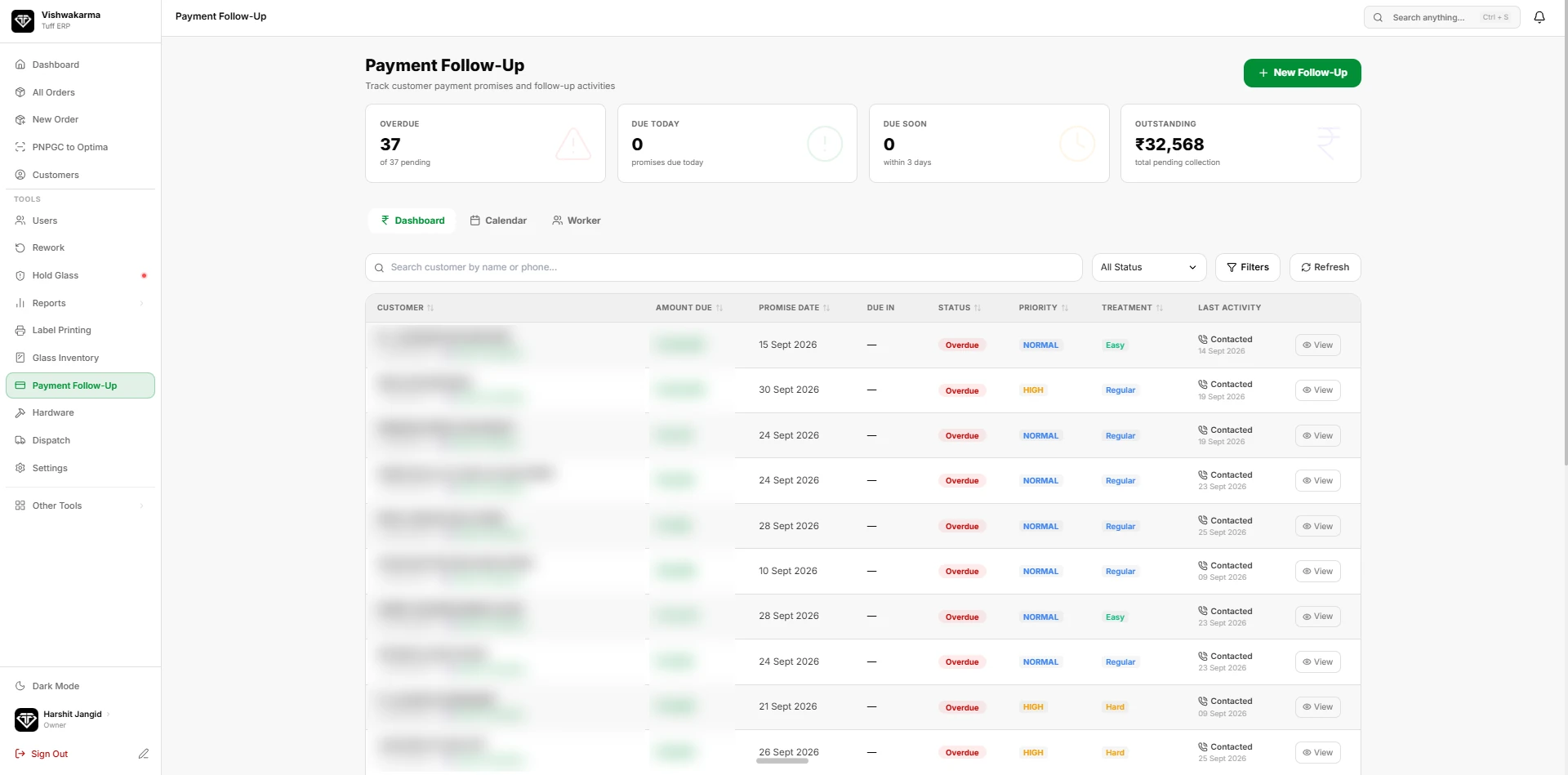 Payment follow-up dashboard with overdue, due today and outstanding totals