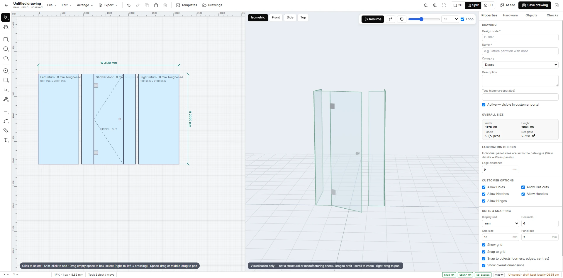 Glass design studio with a 2D drawing of a shower enclosure beside its 3D view